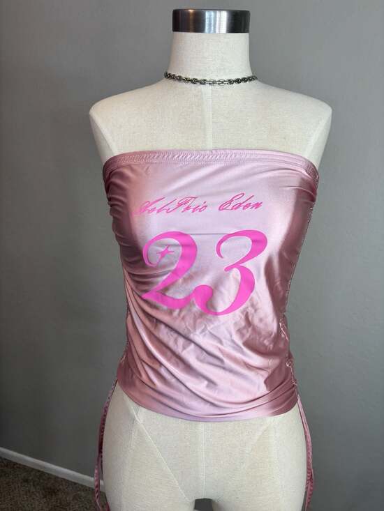 Ash Prio Eden Tops - Ash Prio Eden Pink Satin Ruched Side Tube Top with 23 Print